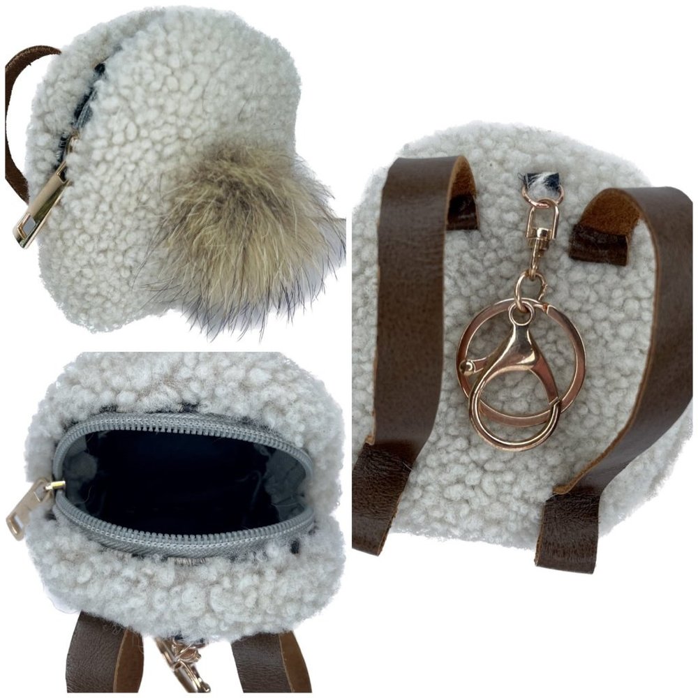 Sheepskin Keychain backpack leather purse accessories coyote fur made in US